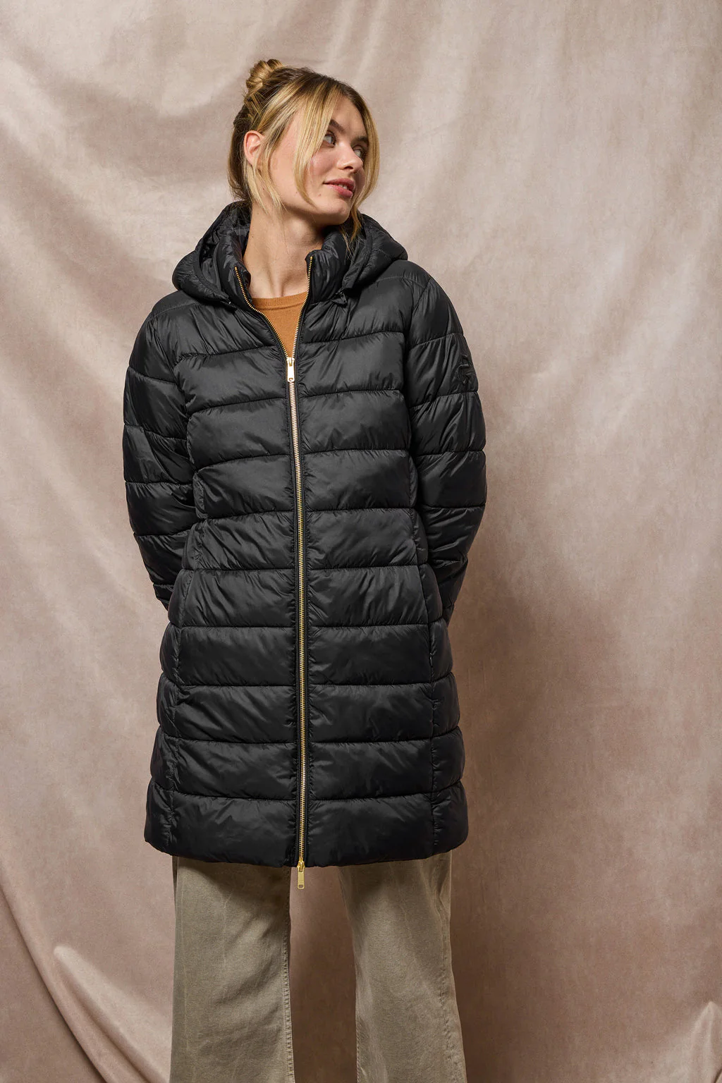 Black ultralight coat Cecilia with detachable hood and PC embroidery - Image 4