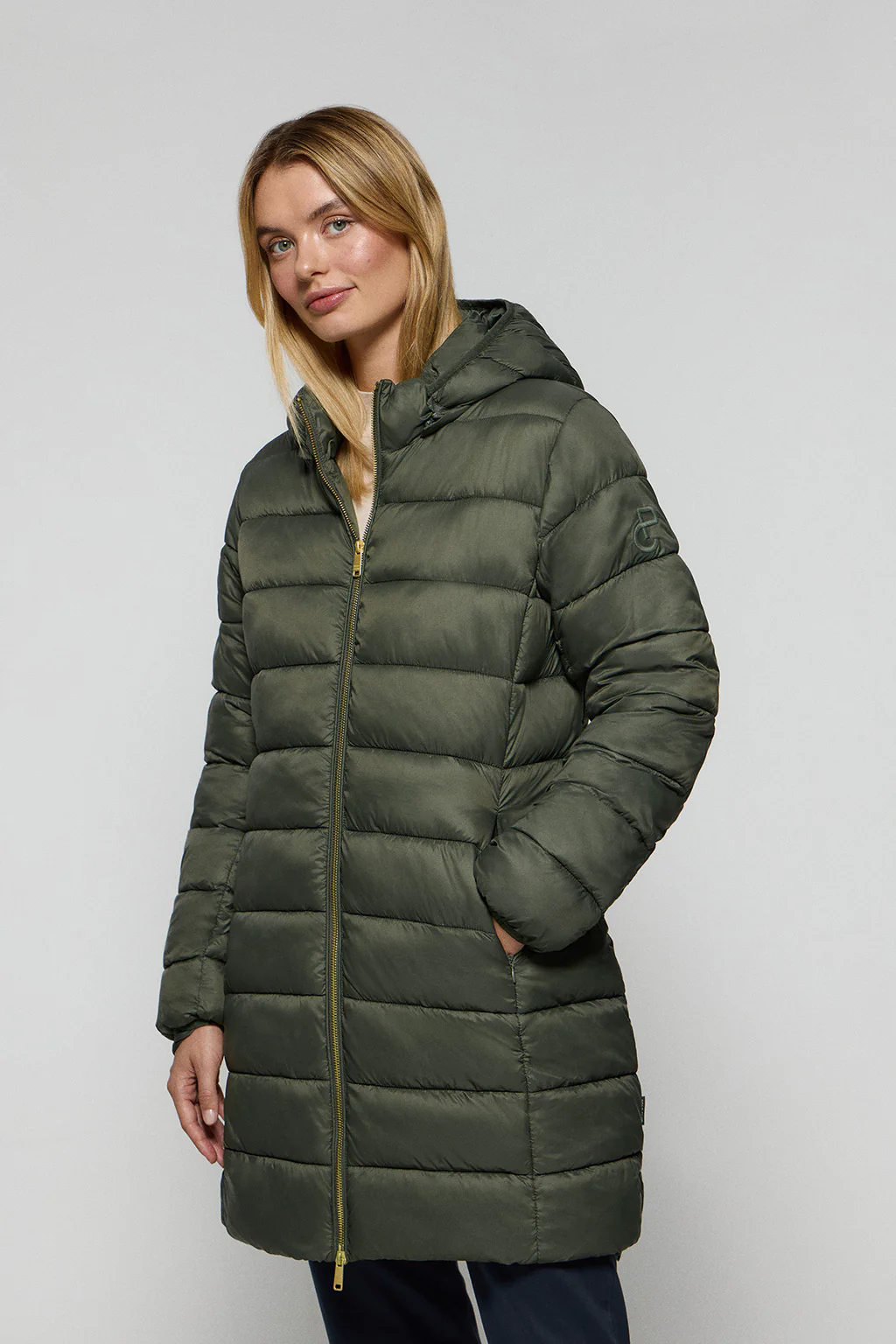 Green ultralight coat Cecilia with detachable hood and PC embroidery