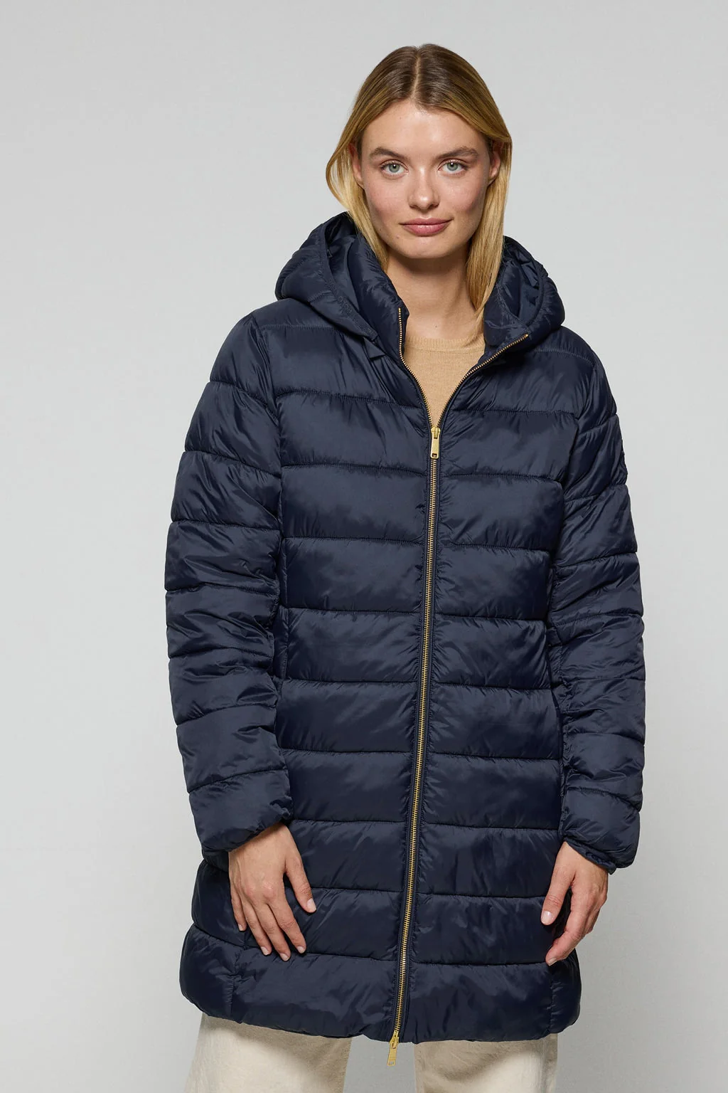 Navy-blue ultralight coat Cecilia with detachable hood and PC embroidery