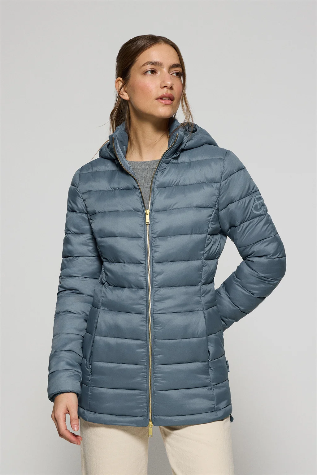 Denim-blue ultralight jacket Cintia with detachable hood and PC embroidery