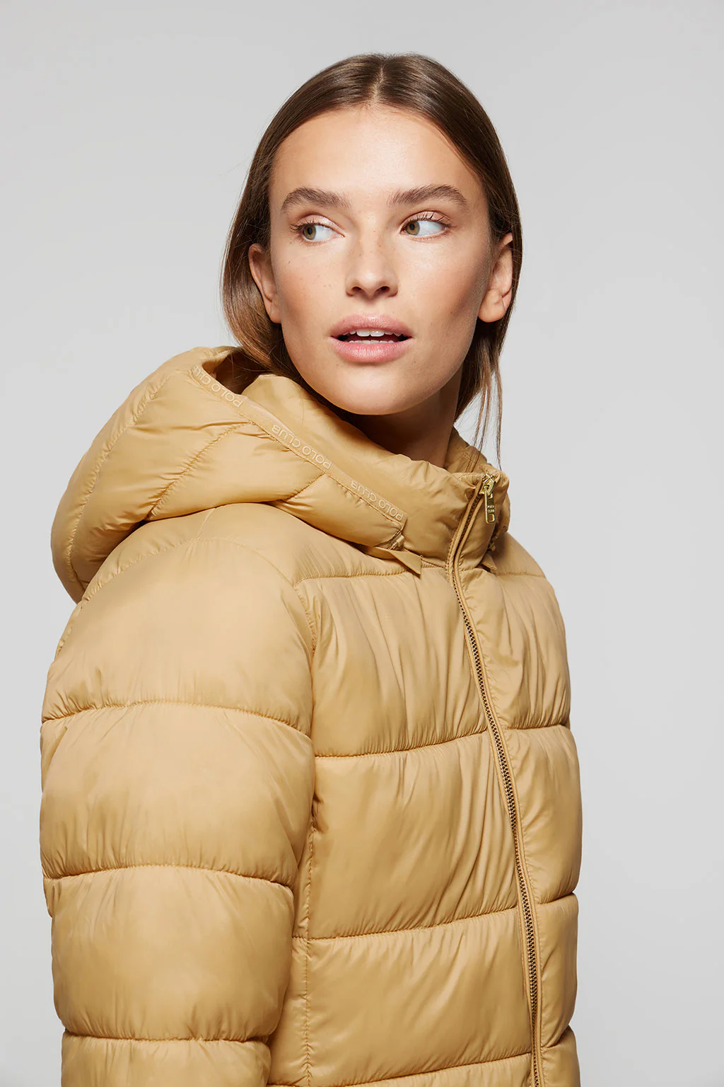 Camel ultralight Corinne coat with hood and Polo Club logo - Image 2