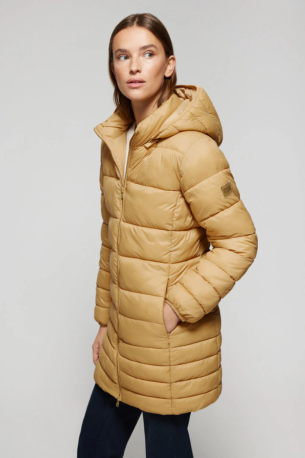 Camel ultralight Corinne coat with hood and Polo Club logo - Image 4