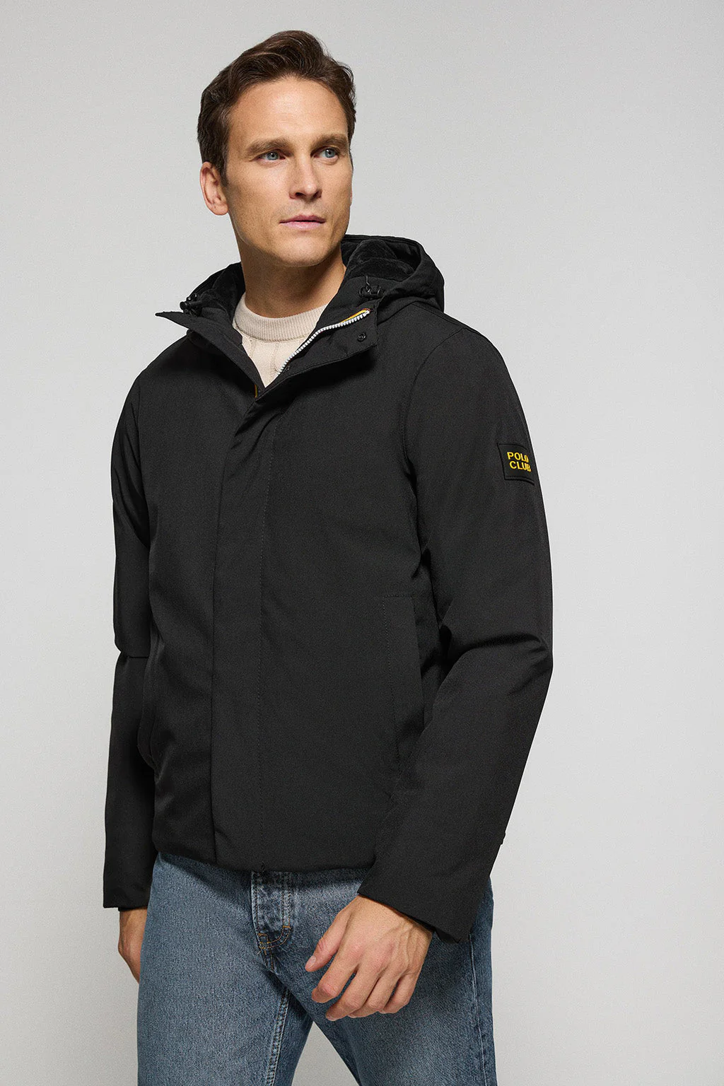 Black technical jacket with hood and bi-coloured Polo Club patch