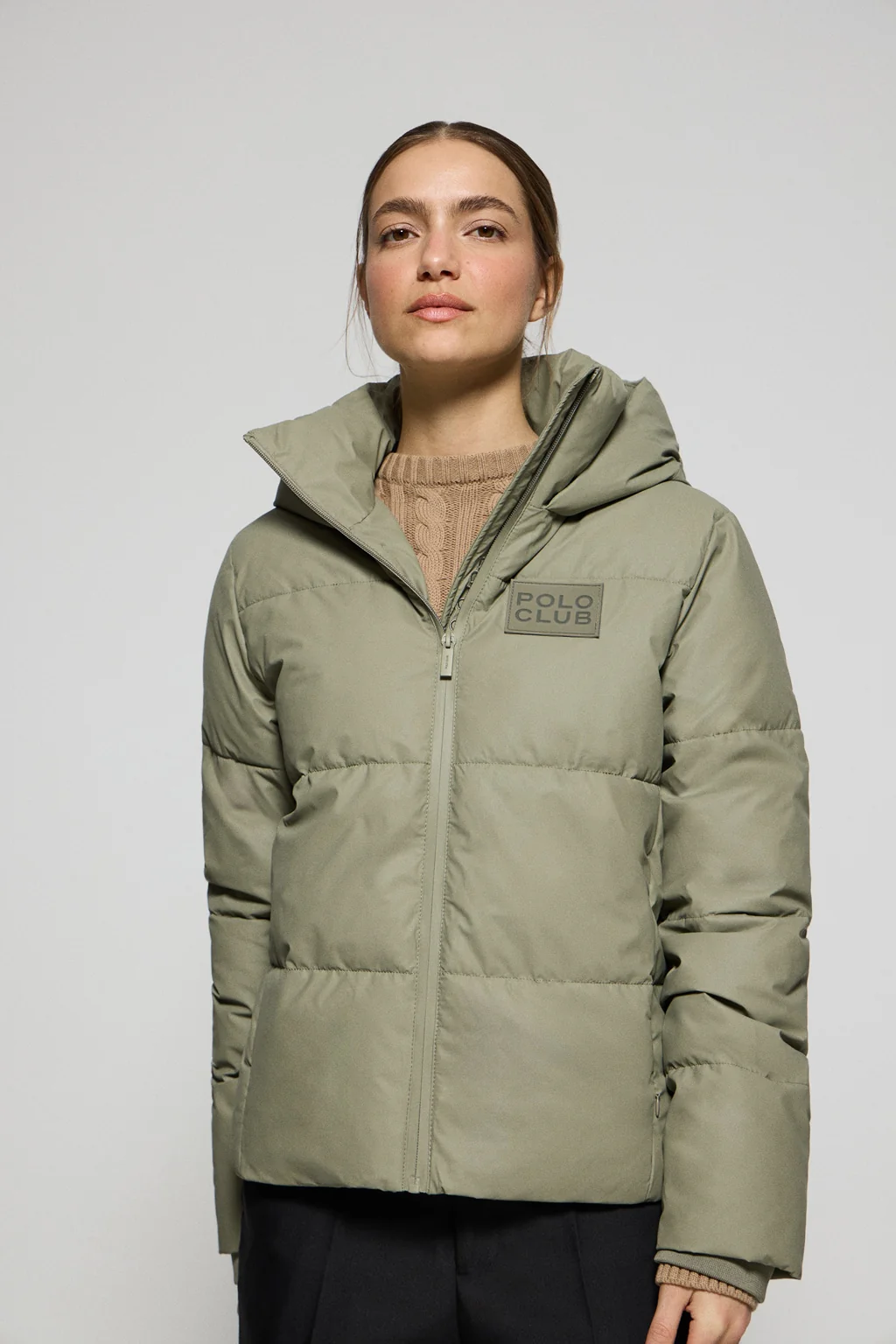 Green puffer jacket Glacier with fixed hood and Polo Club details