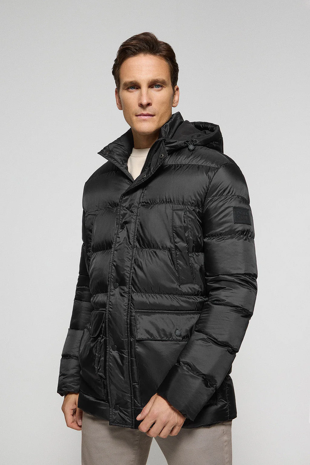 Black coat Greenwich with pockets, fixed hood and Polo Club details