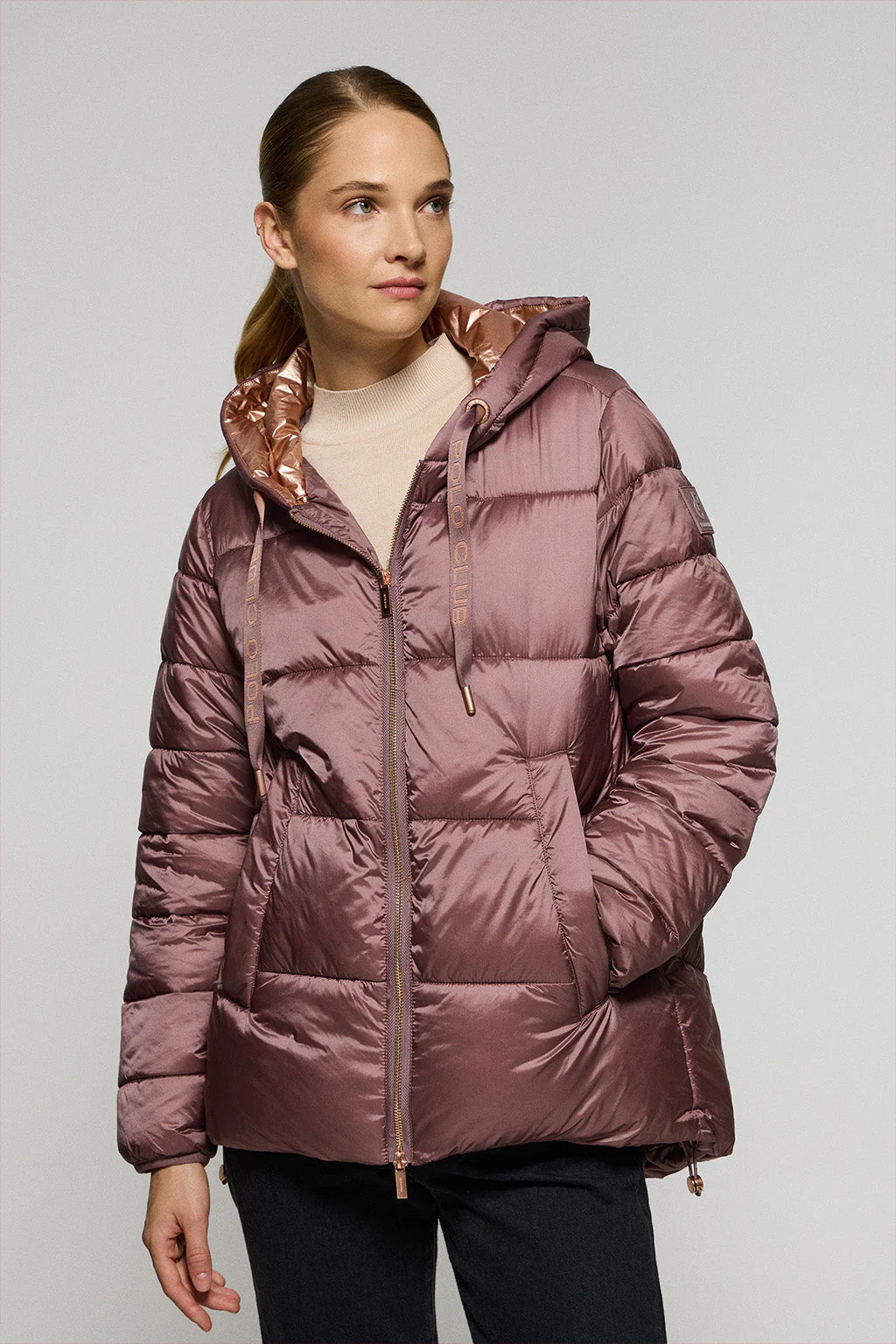 Pink taupe puffer jacket Ice with fixed hood and Polo Club details
