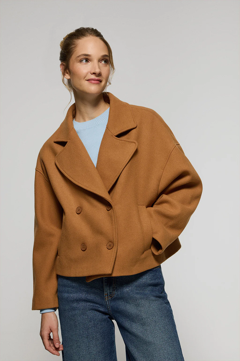 Camel double-breasted short coat Canvas with Polo Club details