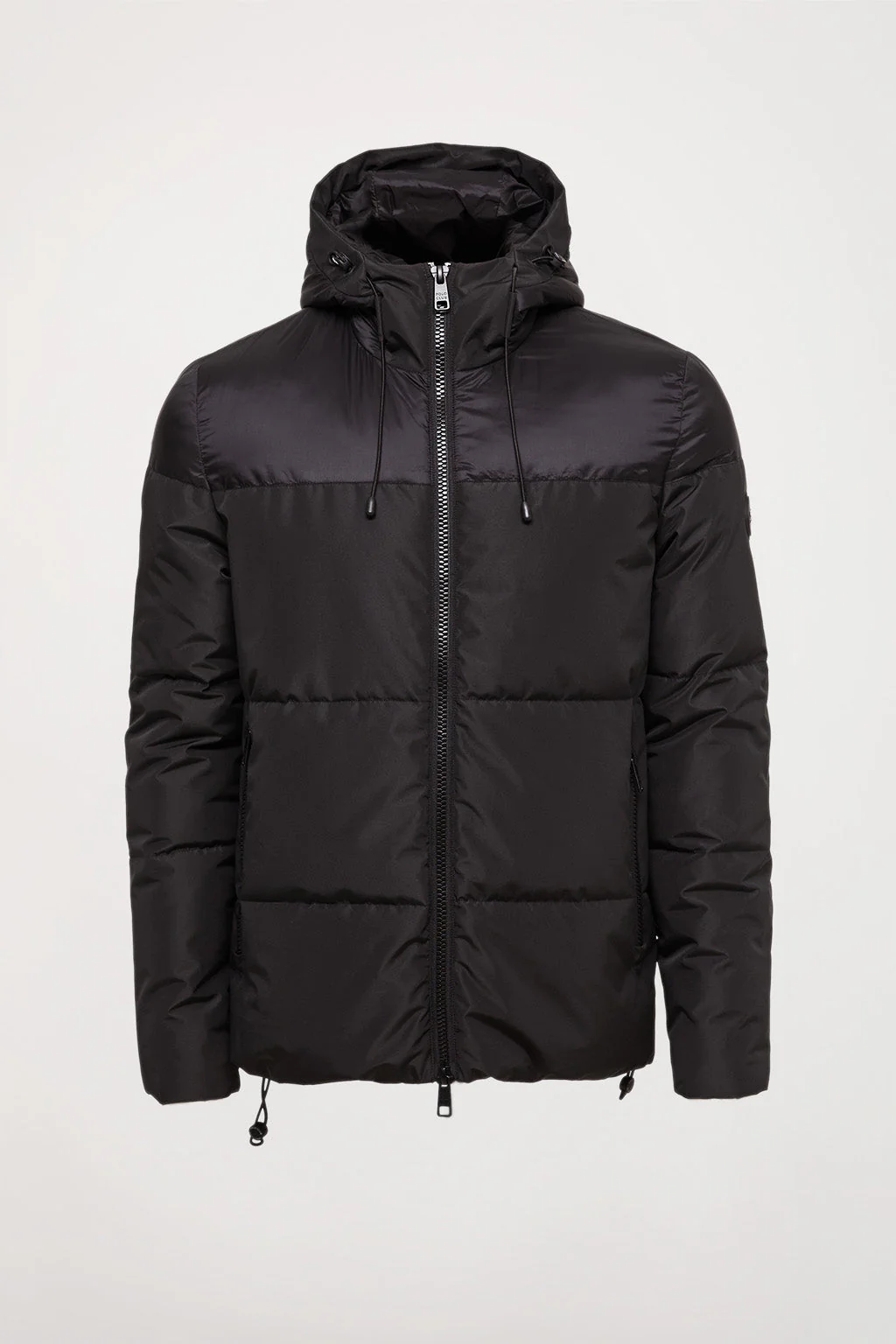Black matte and glossy puffer jacket with sleeve patch - Image 11