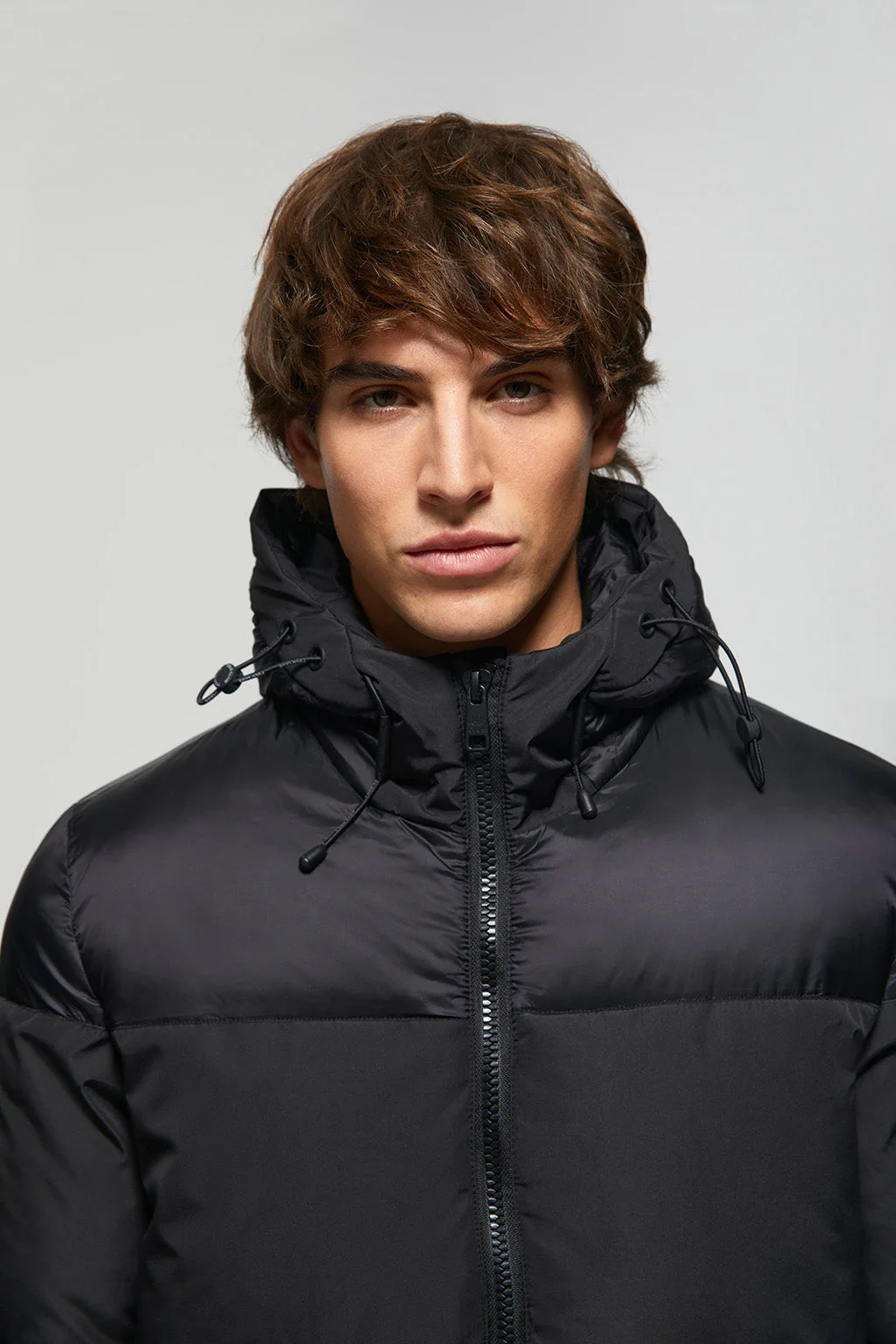 Black matte and glossy puffer jacket with sleeve patch - Image 2