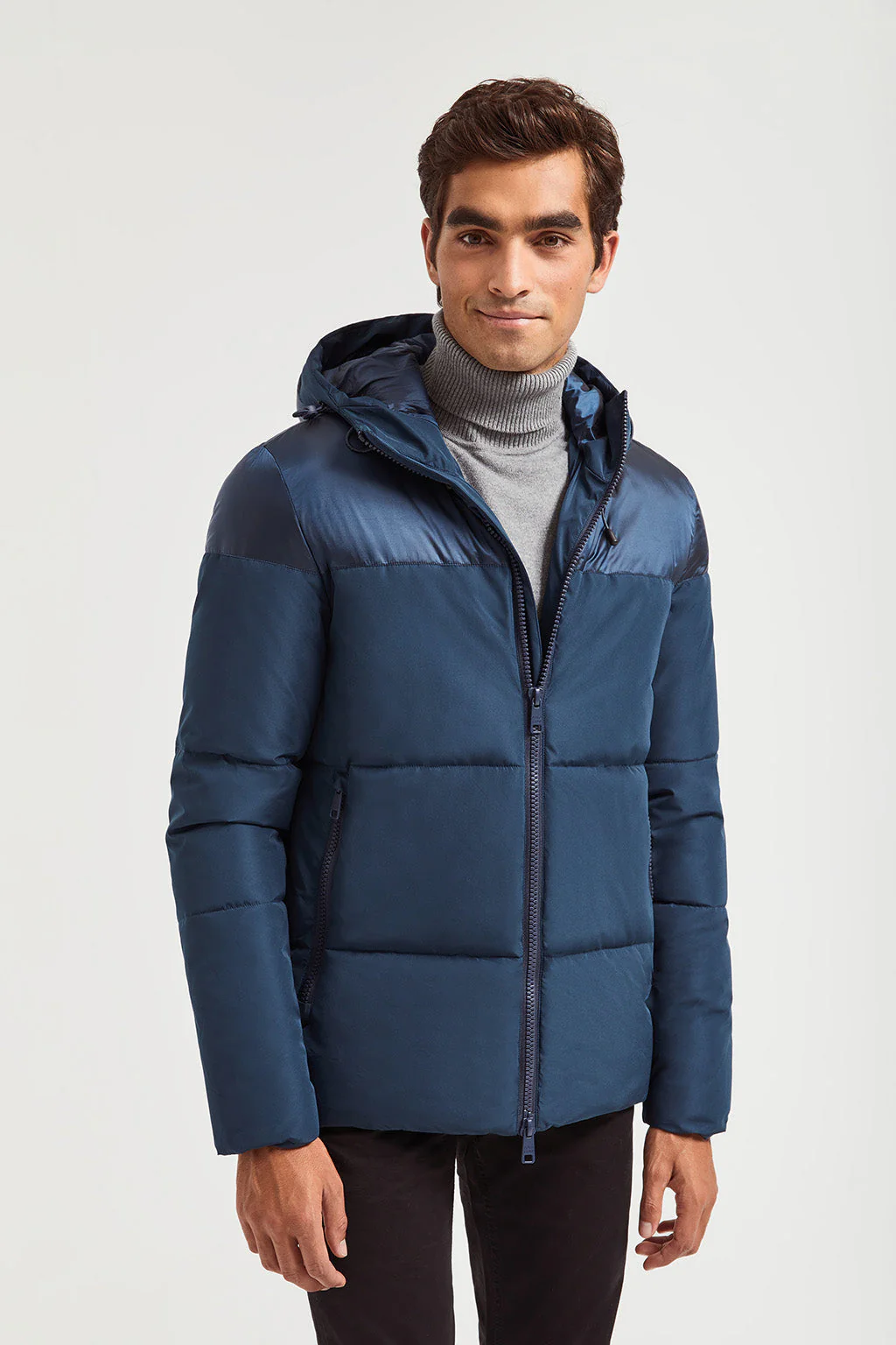 Petroleum-blue matt and glossy puffer jacket with sleeve patch - Image 2