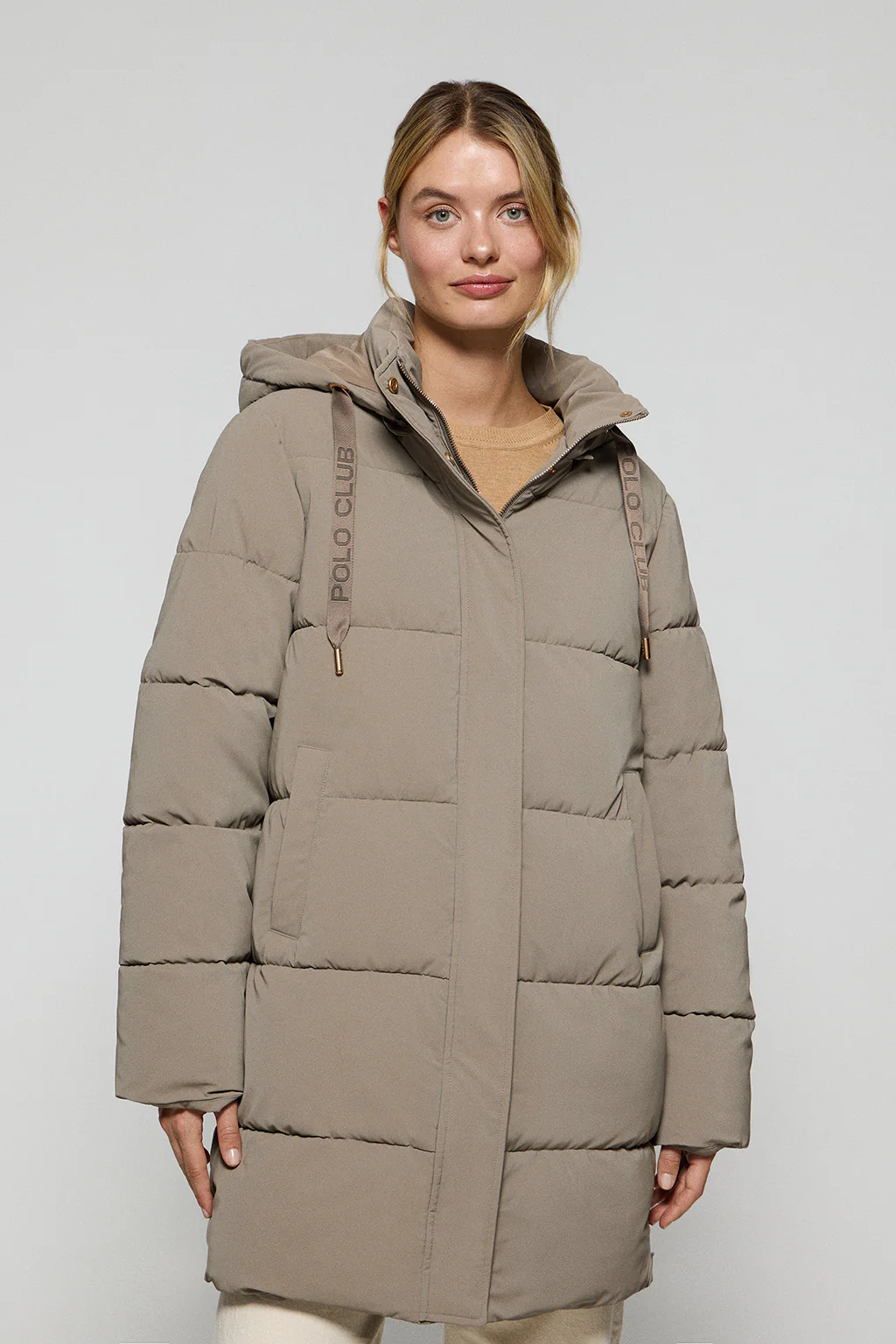 Taupe coat Roma with detachable hood and Polo Club details
