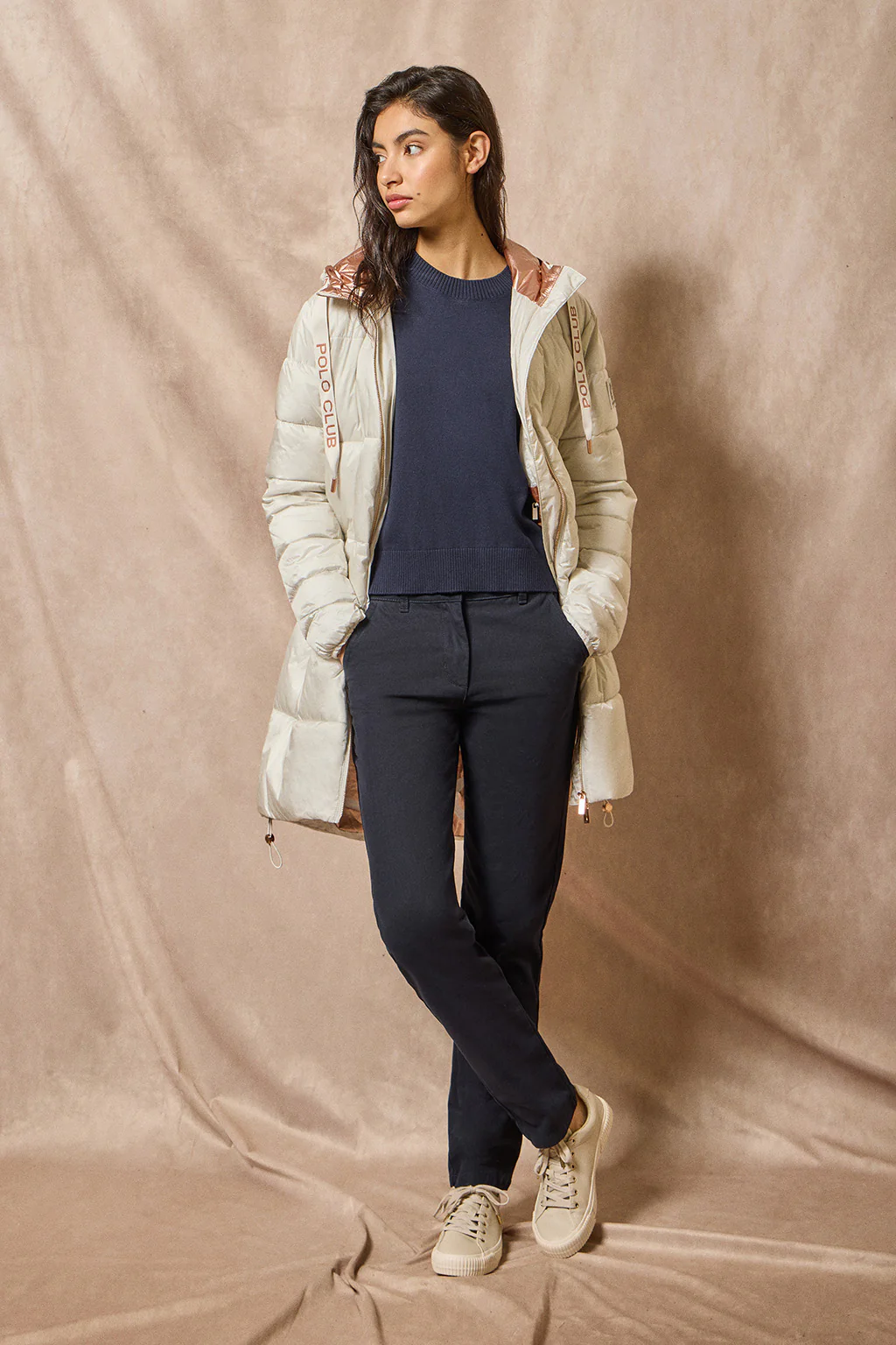 Ice colour long puffer coat Rose with fixed hood and Polo Club details - Image 13