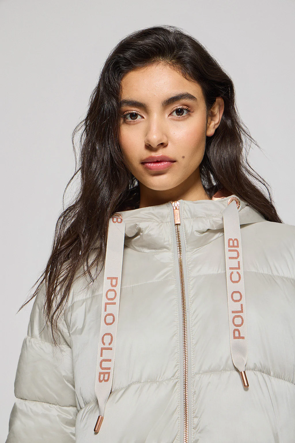 Ice colour long puffer coat Rose with fixed hood and Polo Club details - Image 3