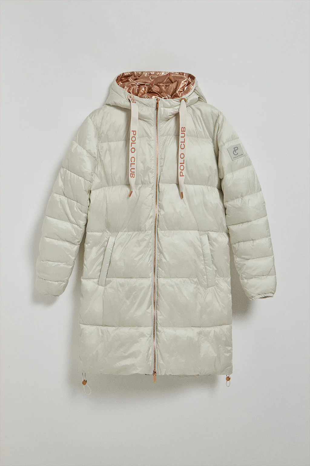 Ice colour long puffer coat Rose with fixed hood and Polo Club details - Image 6