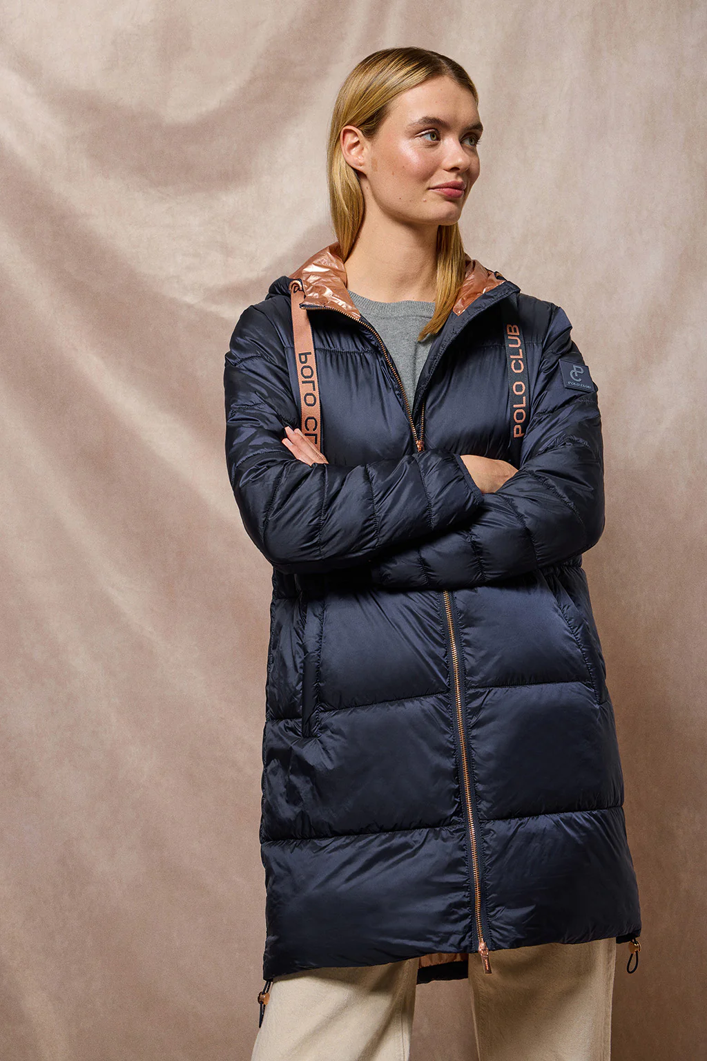 Navy-blue long puffer coat Rose with fixed hood and Polo Club details - Image 14