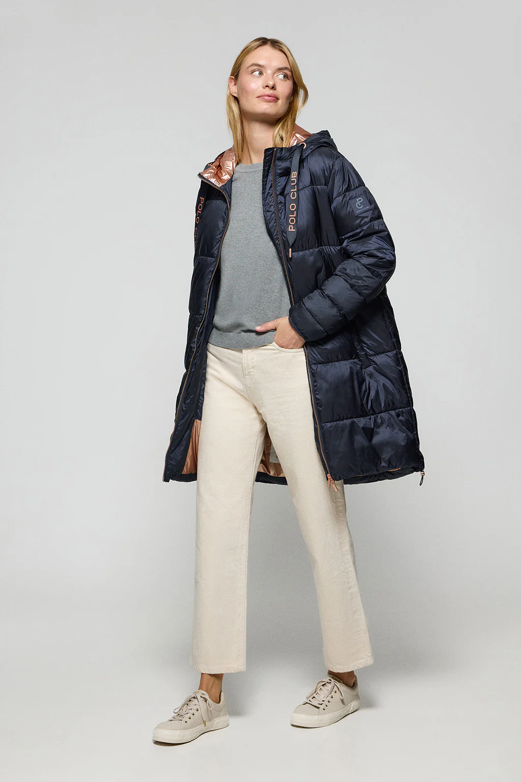 Navy-blue long puffer coat Rose with fixed hood and Polo Club details - Image 4