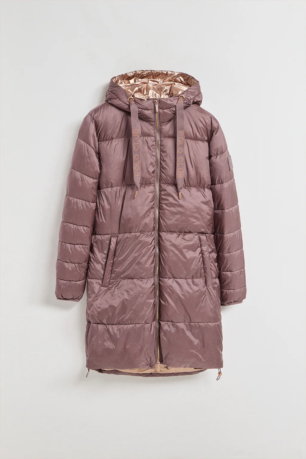 Taupe-pink long puffer coat Rose with fixed hood and Polo Club details - Image 10