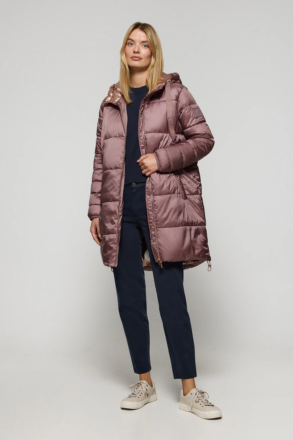 Taupe-pink long puffer coat Rose with fixed hood and Polo Club details - Image 4
