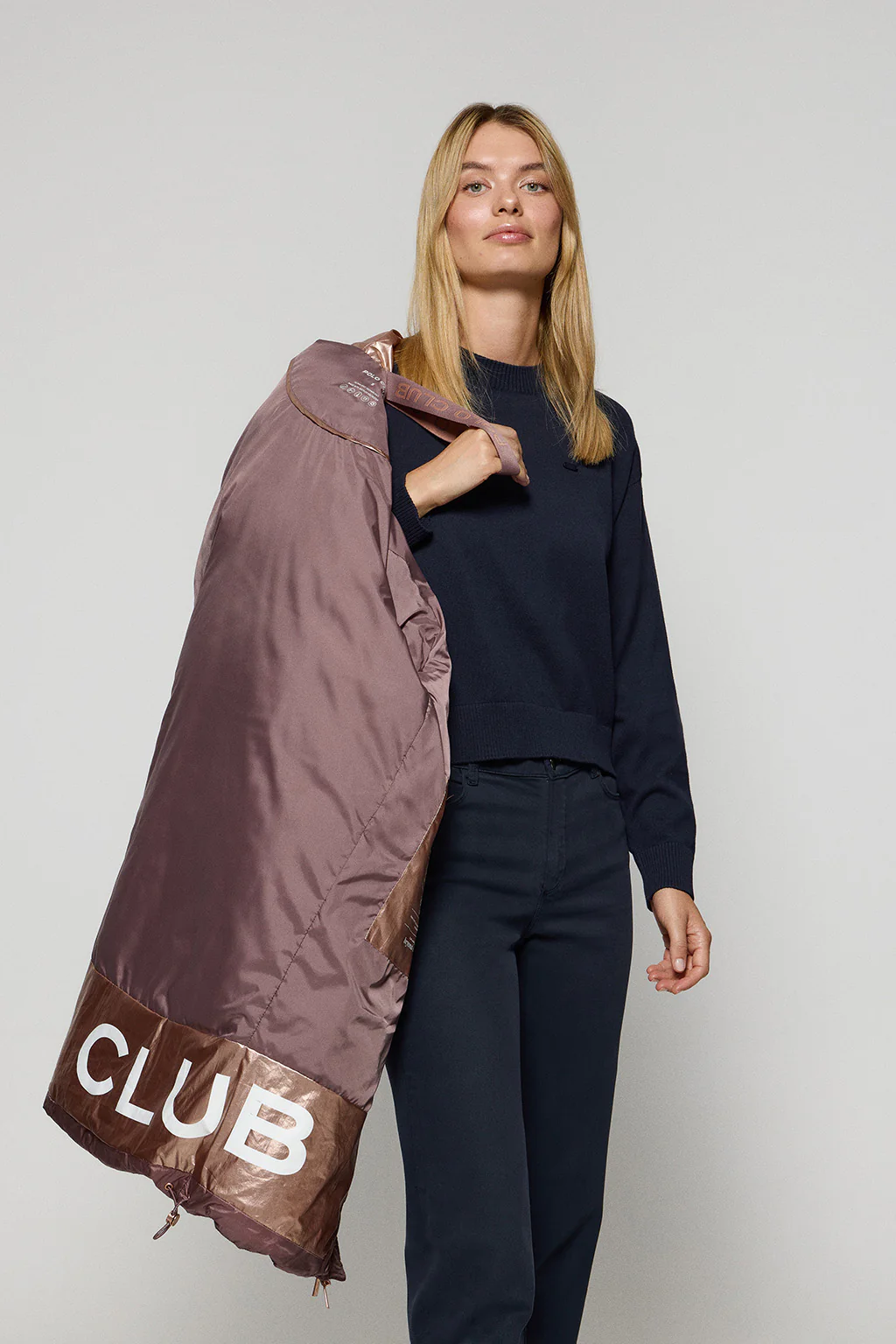 Taupe-pink long puffer coat Rose with fixed hood and Polo Club details - Image 5