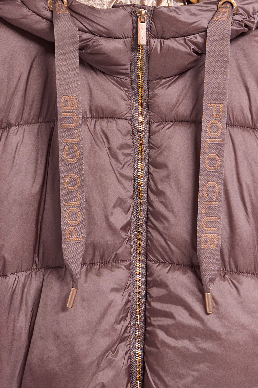 Taupe-pink long puffer coat Rose with fixed hood and Polo Club details - Image 8