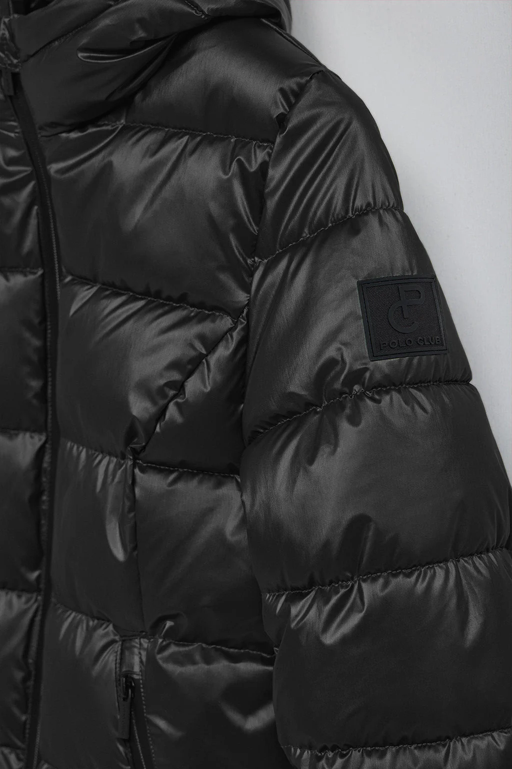 Black glitter-effect short coat Snow with fixed hood and Polo Club details - Image 7