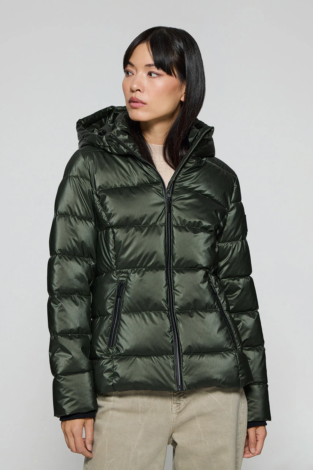 Green glitter-effect short coat Snow with fixed hood and Polo Club details