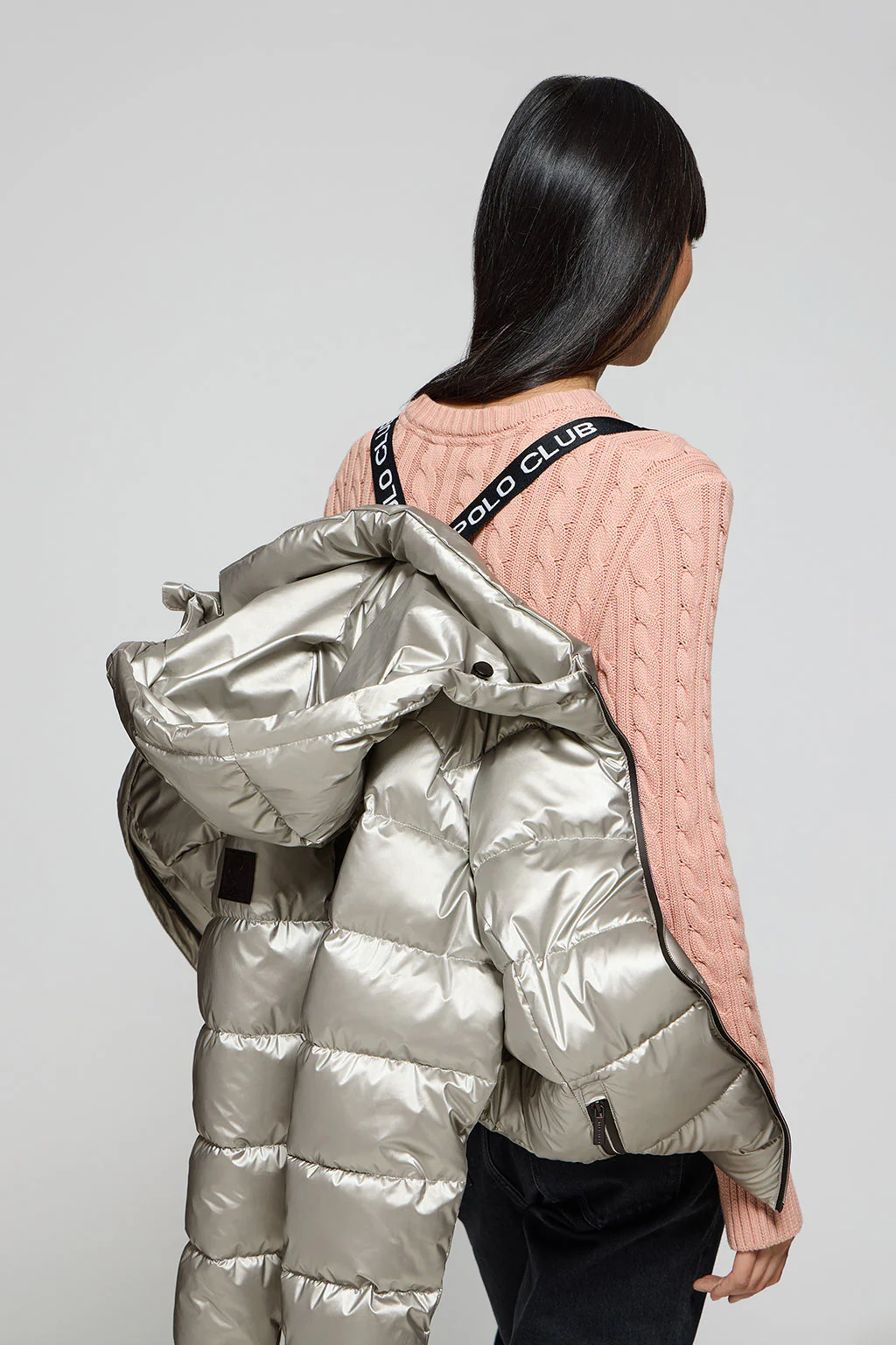 Platinum glitter-effect short coat Snow with fixed hood and Polo Club details - Image 4