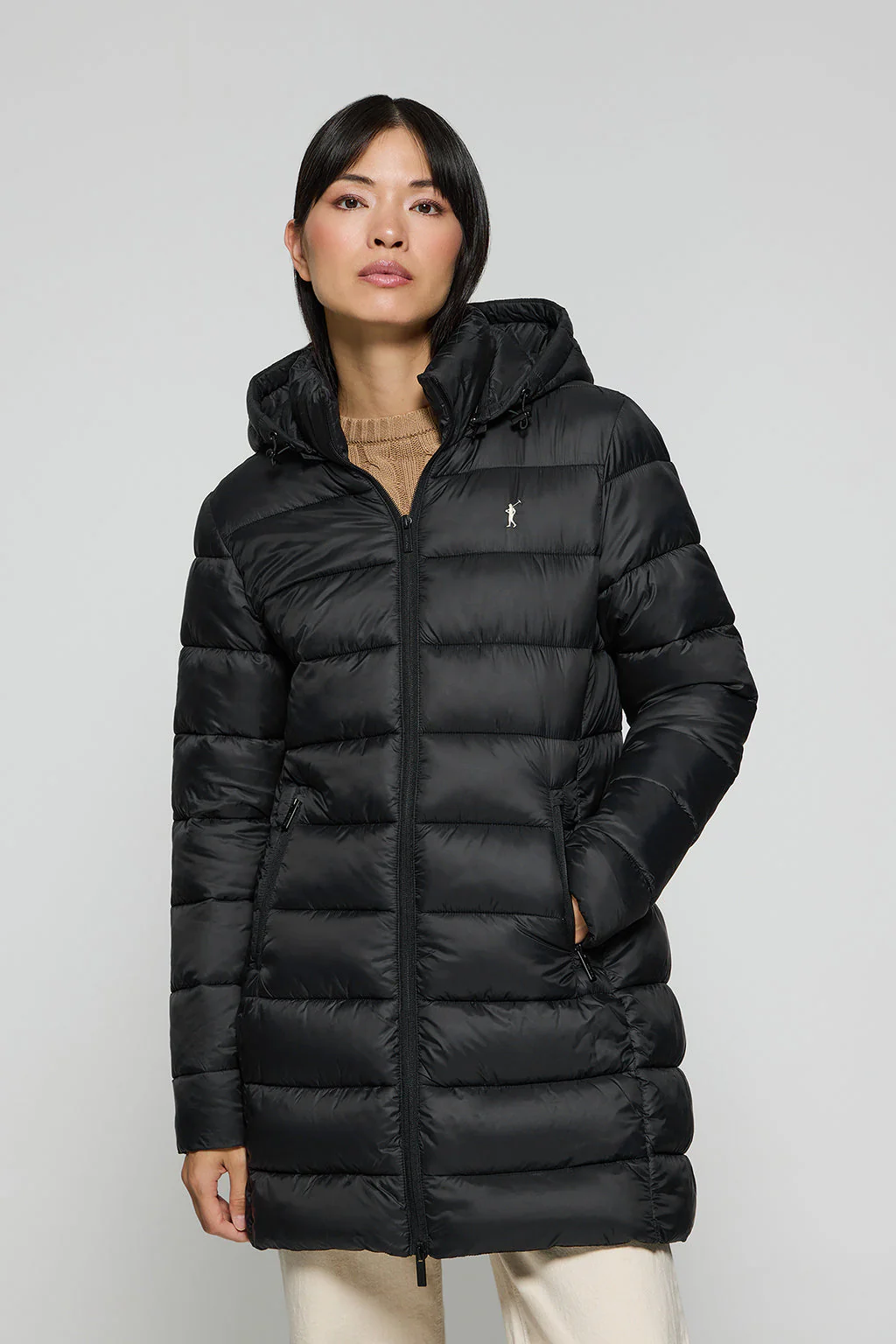 Black ultralight coat Suzette with Rigby Go embroidery