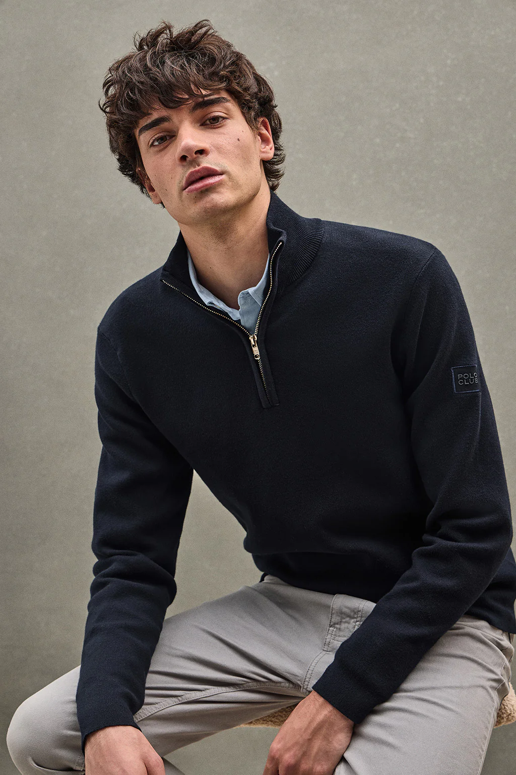 Navy-blue half-zip jumper with Polo Club patch