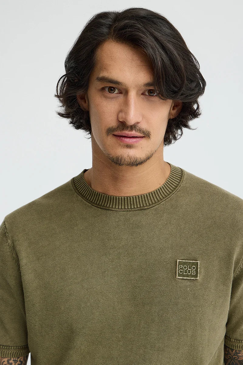 Moss-green short-sleeve jumper Polo Club with slim fit and washed effect - Image 3
