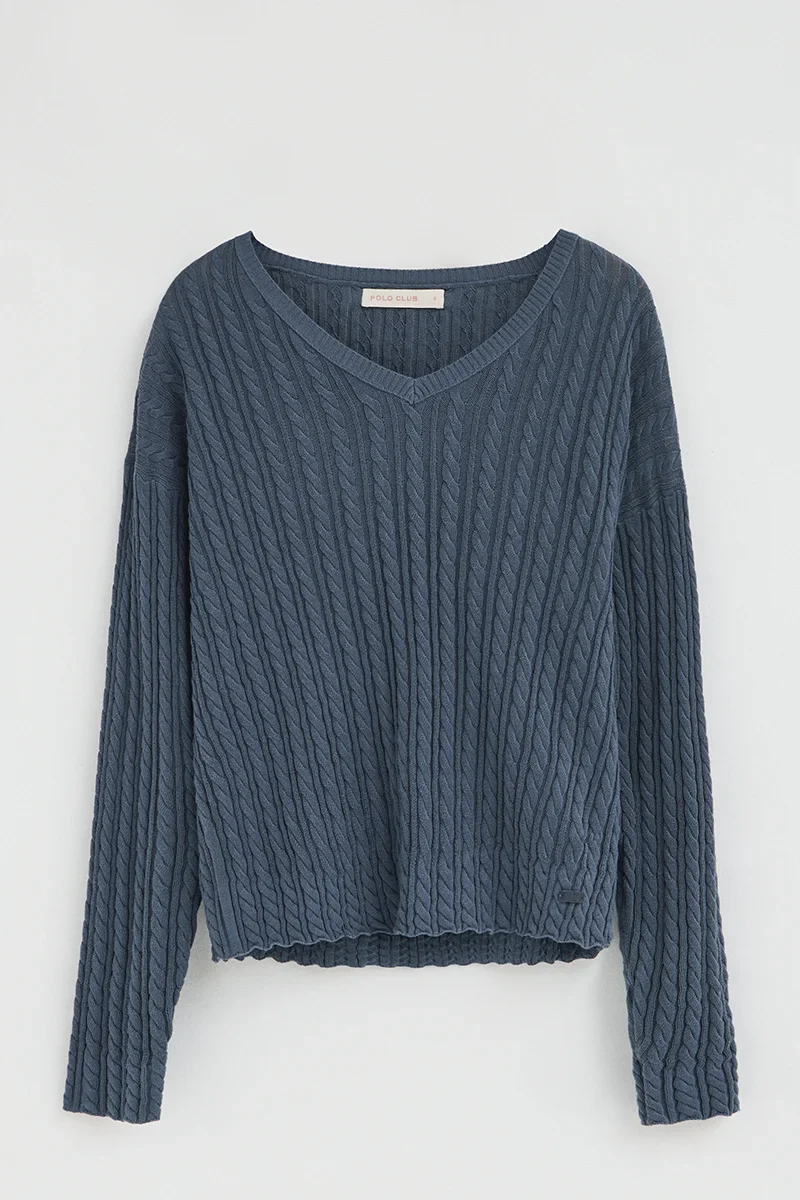 Denim-blue cable-knit jumper with V-neck and Polo Club logo - Image 7