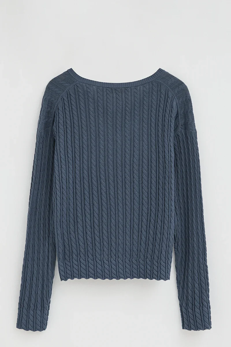 Denim-blue cable-knit jumper with V-neck and Polo Club logo - Image 9