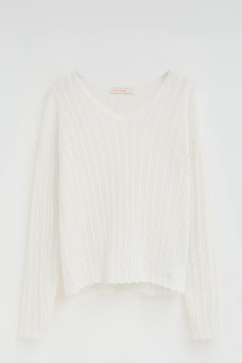 Nude cable-knit jumper with V-neck and Polo Club logo - Image 9