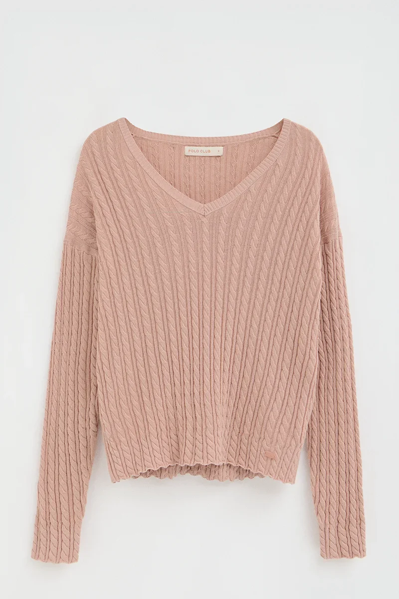 Pale-pink cable-knit jumper with V-neck and Polo Club logo - Image 7