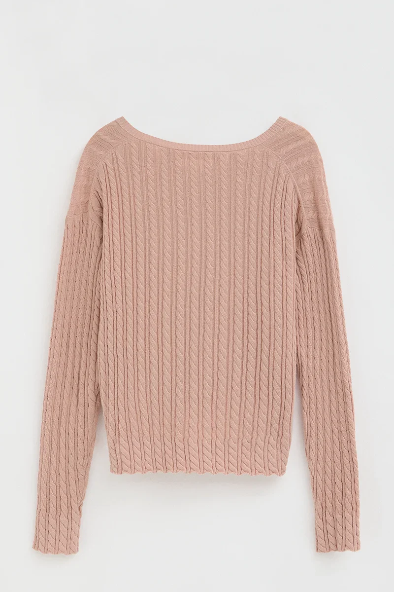 Pale-pink cable-knit jumper with V-neck and Polo Club logo - Image 9