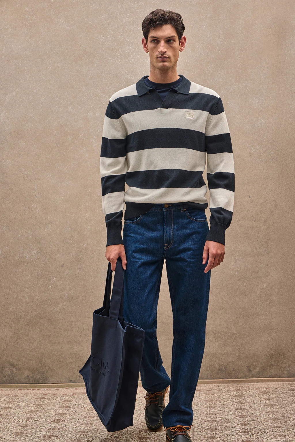 Striped polo-collar jumper in navy blue and nude with Polo Club patch