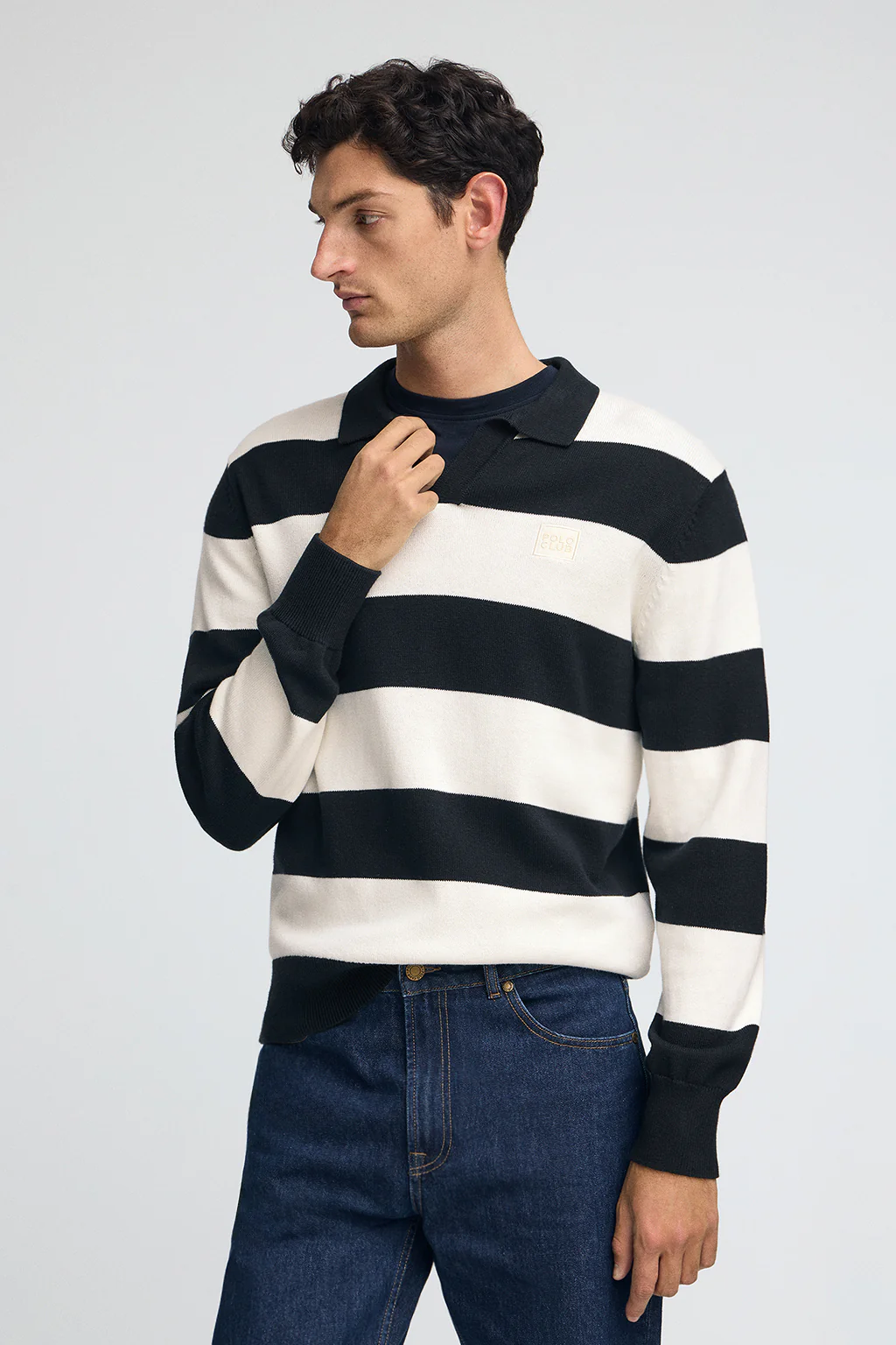 Striped polo-collar jumper in navy blue and nude with Polo Club patch - Image 2