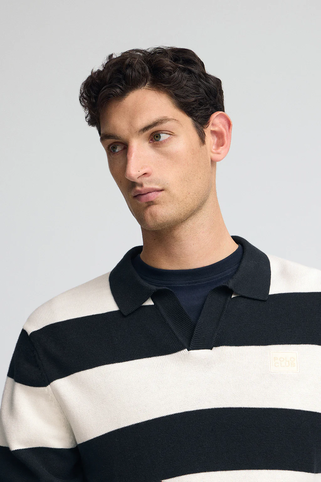 Striped polo-collar jumper in navy blue and nude with Polo Club patch - Image 3