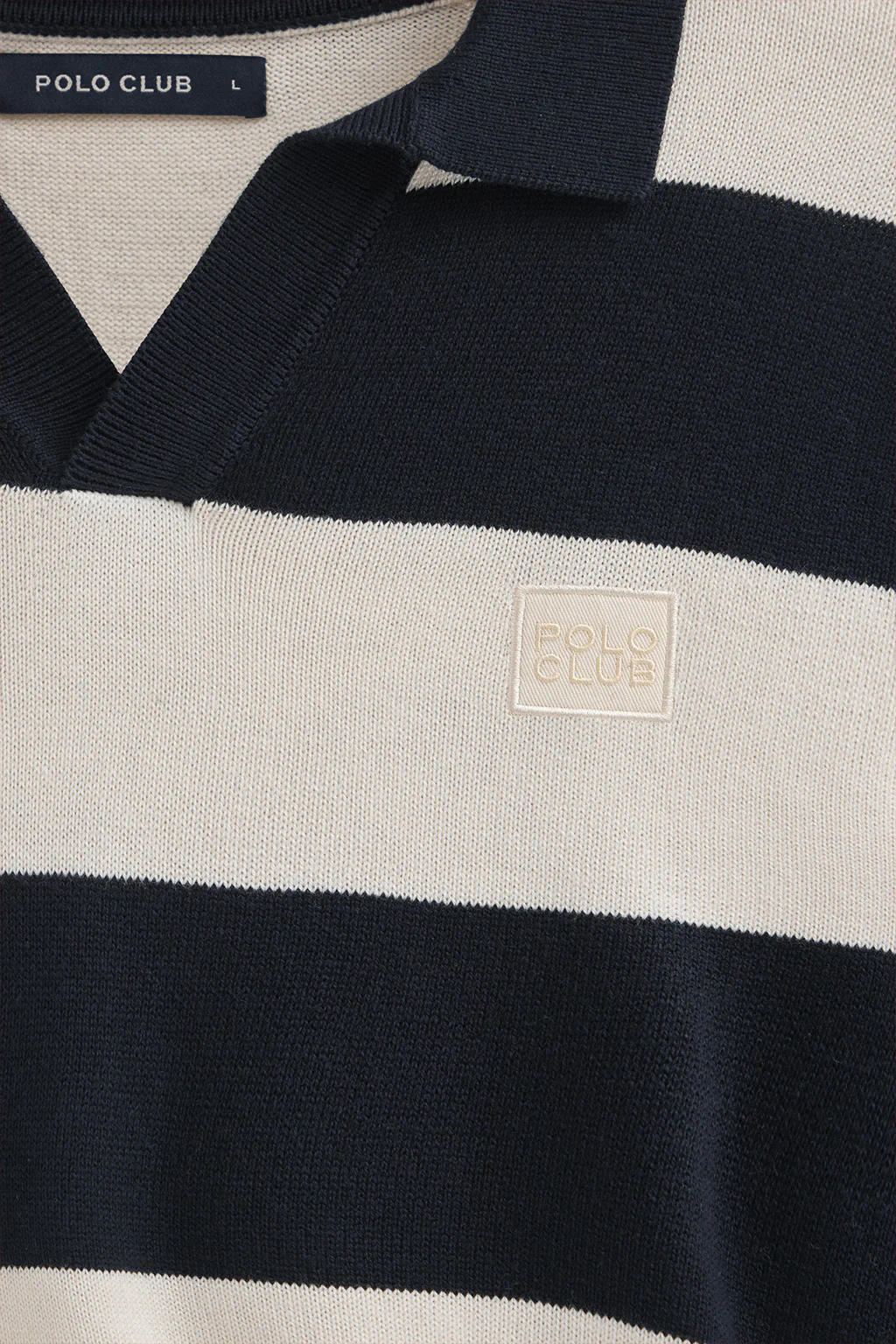 Striped polo-collar jumper in navy blue and nude with Polo Club patch - Image 7