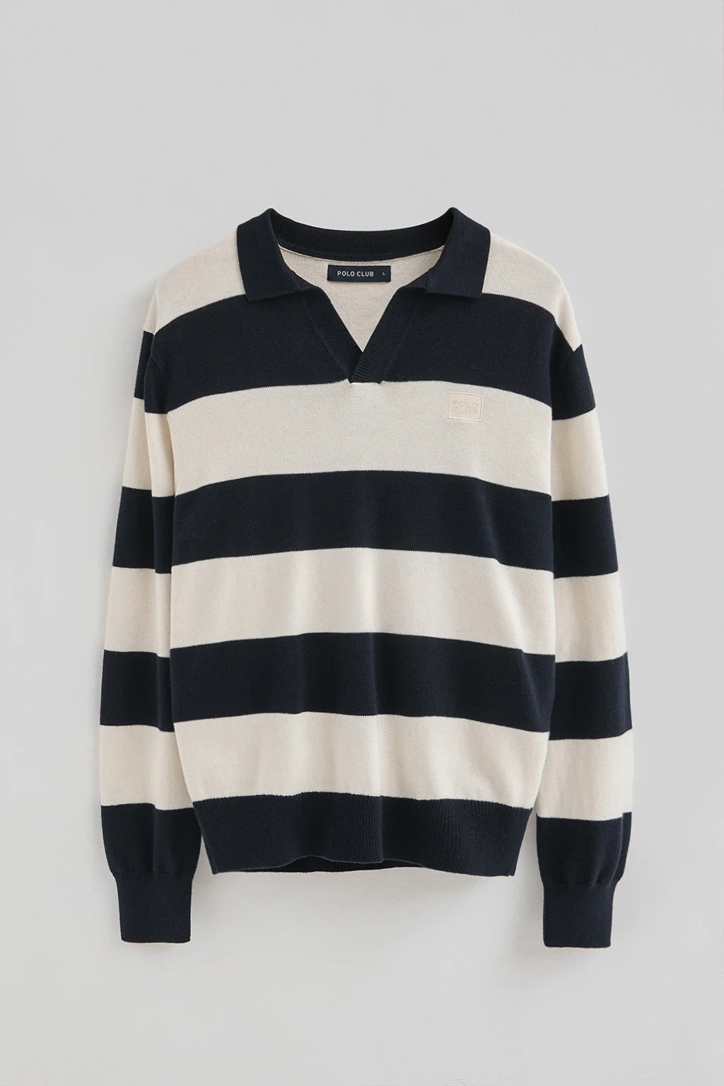 Striped polo-collar jumper in navy blue and nude with Polo Club patch - Image 9