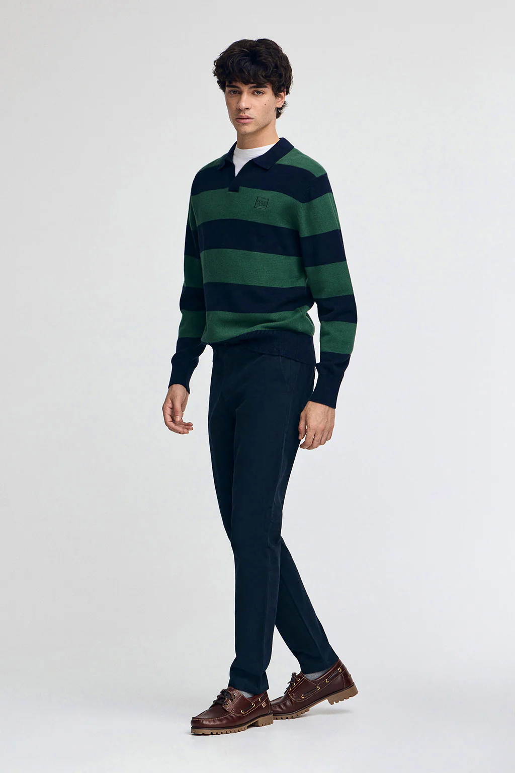 Striped polo-collar jumper in navy blue and bottle green with Polo Club patch - Image 5