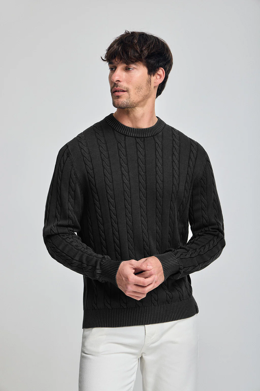 Asphalt-grey garment-dye cable-knit jumper with embroidered logo