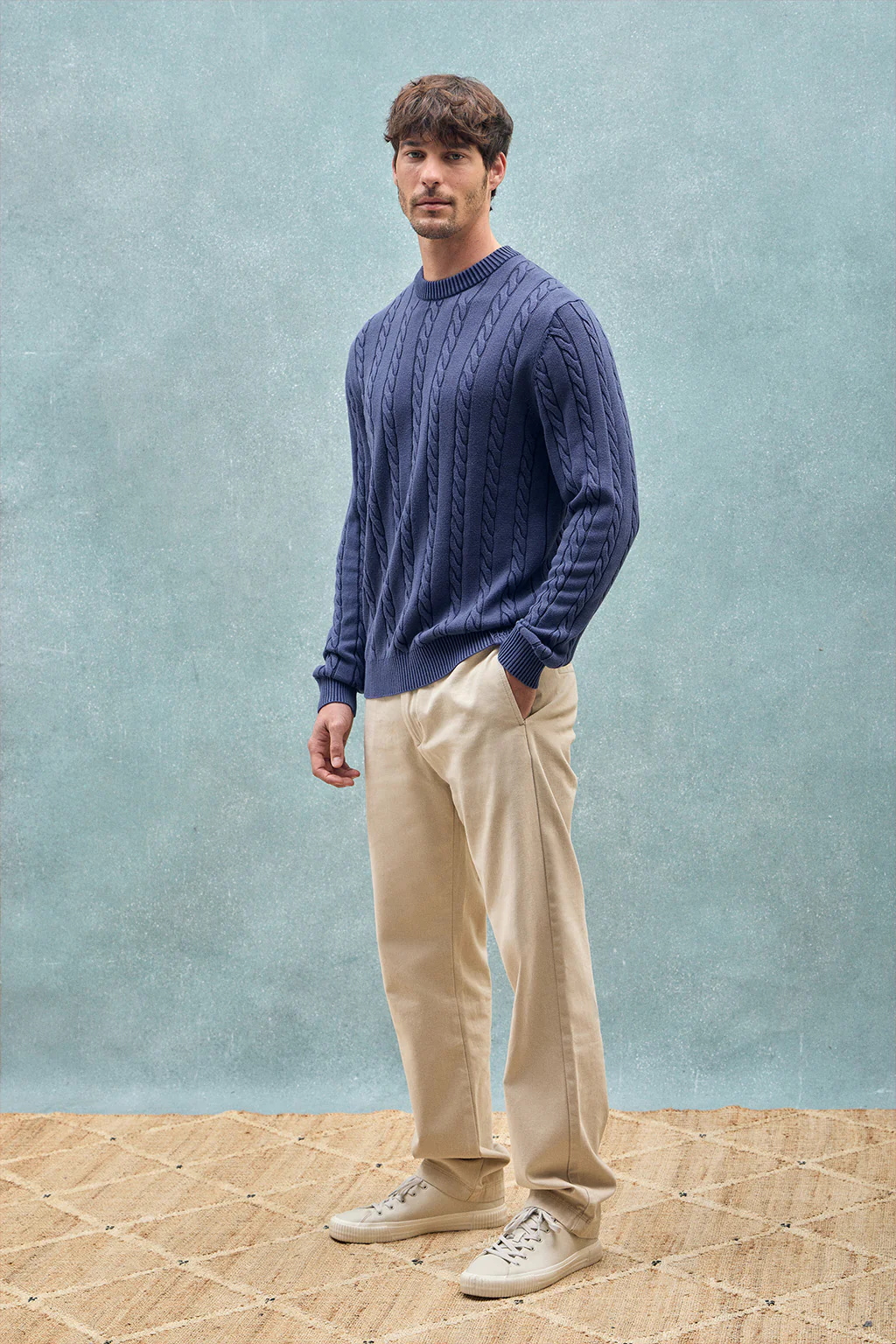 Blue-violet garment-dye cable-knit jumper with embroidered logo - Image 10