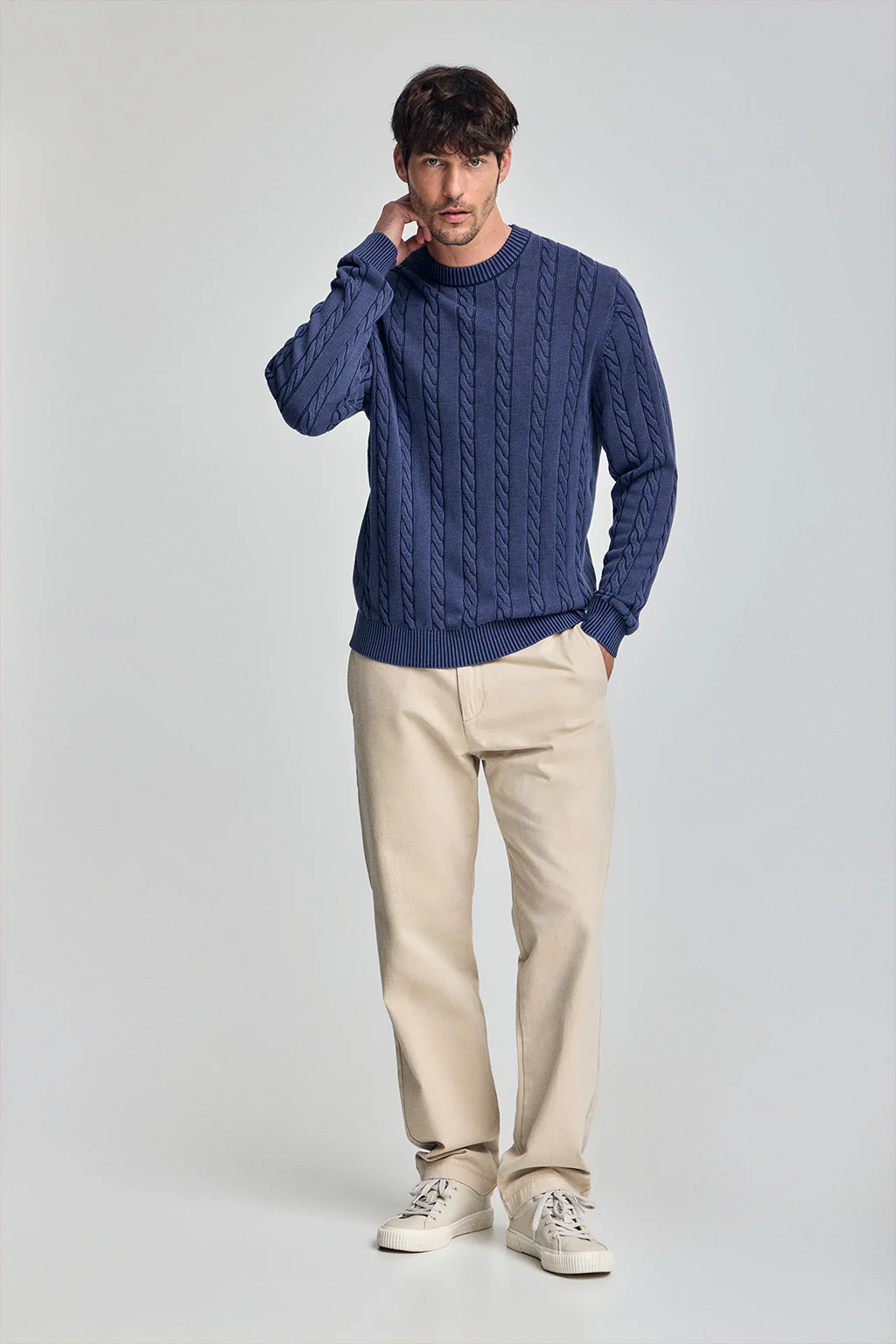 Blue-violet garment-dye cable-knit jumper with embroidered logo - Image 4