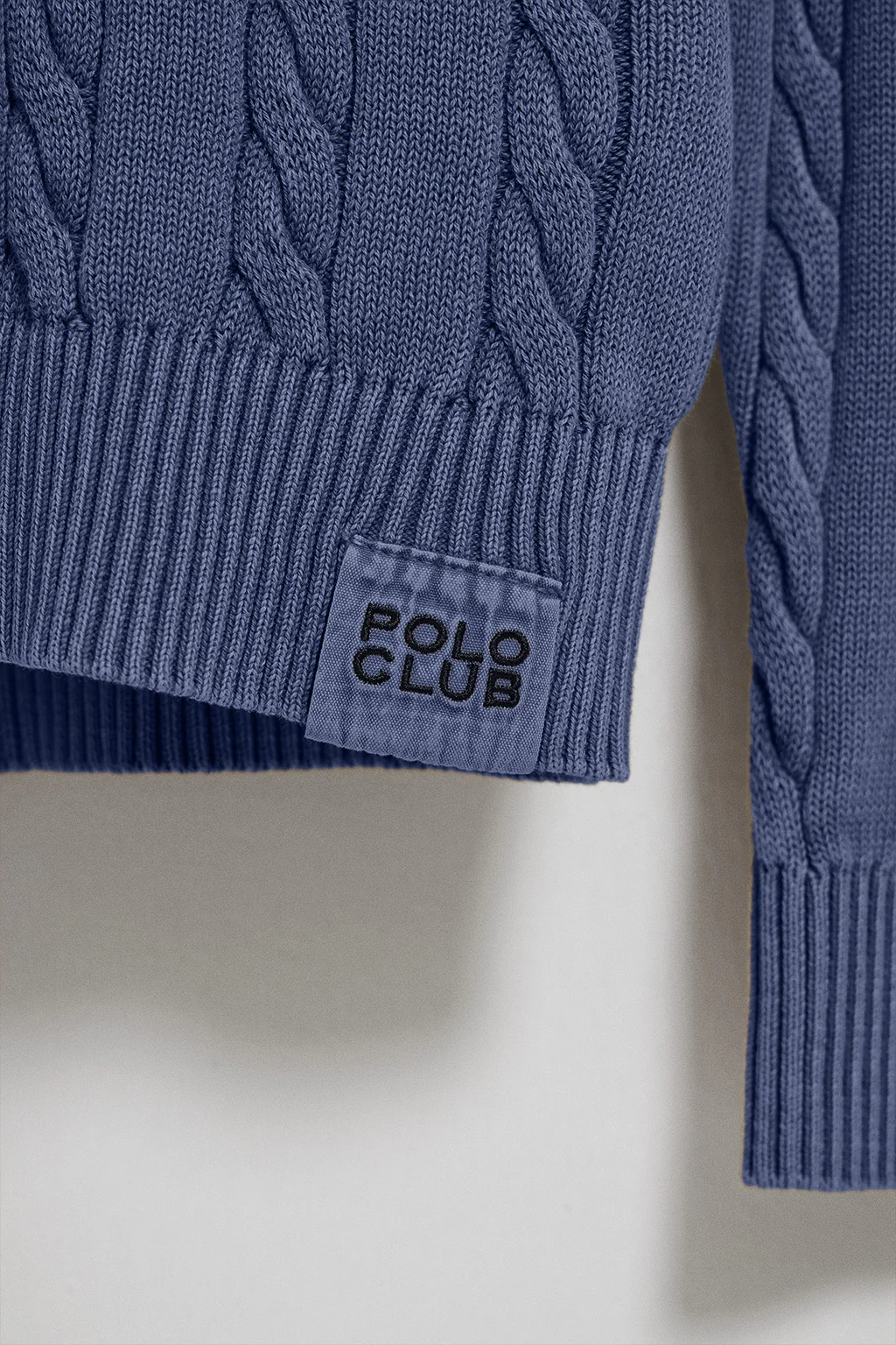 Blue-violet garment-dye cable-knit jumper with embroidered logo - Image 6