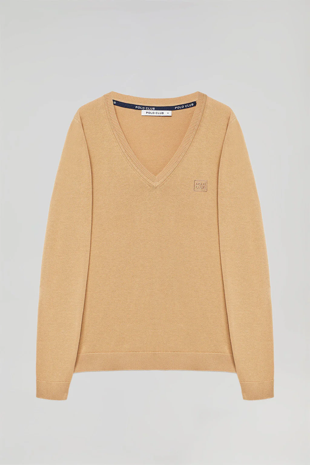 Camel V-neck basic jumper with embroidered logo in matching colour - Image 9