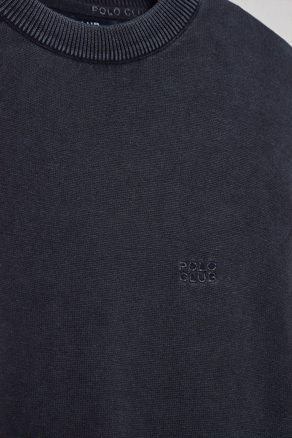 Navy-blue garment-dye jumper with round neck and embroidered logo - Image 6