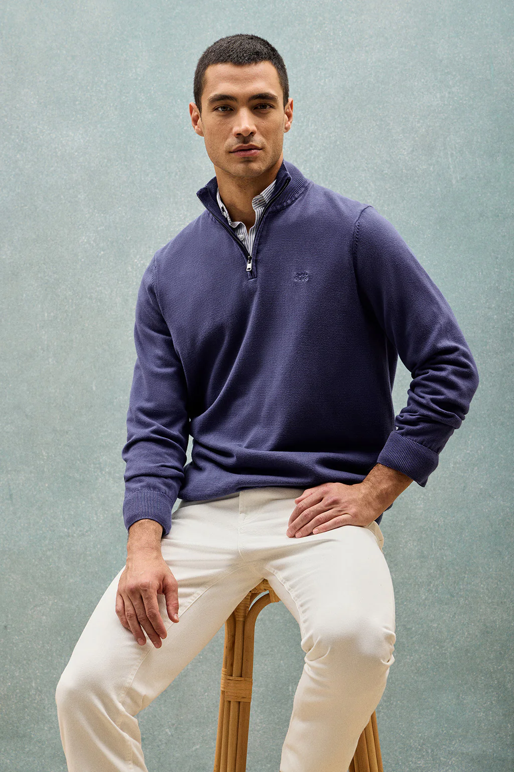 Blue-violet garment-dyed jumper with half zip and embroidered logo - Image 10