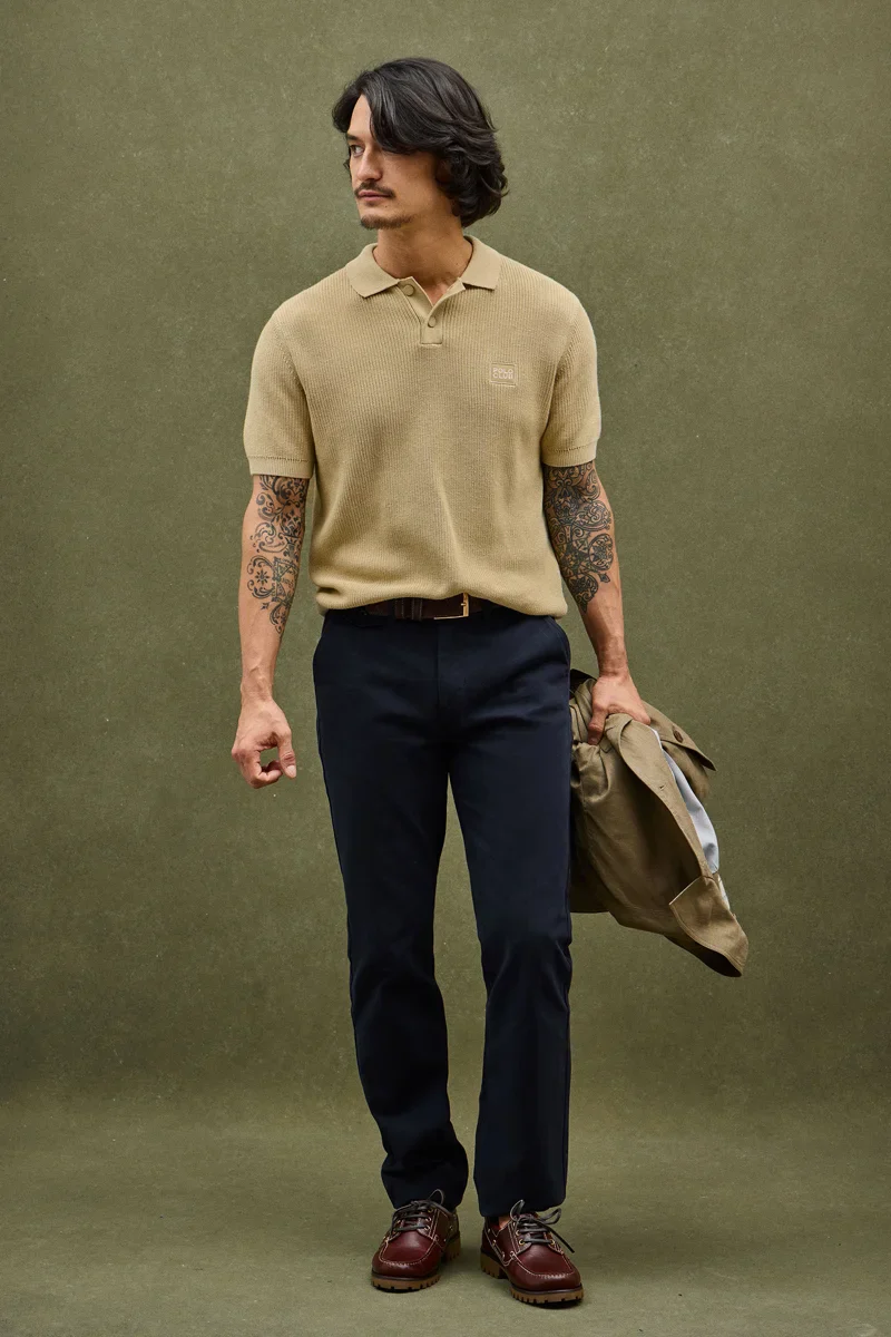Beige short-sleeve jumper with polo collar and Polo Club patch