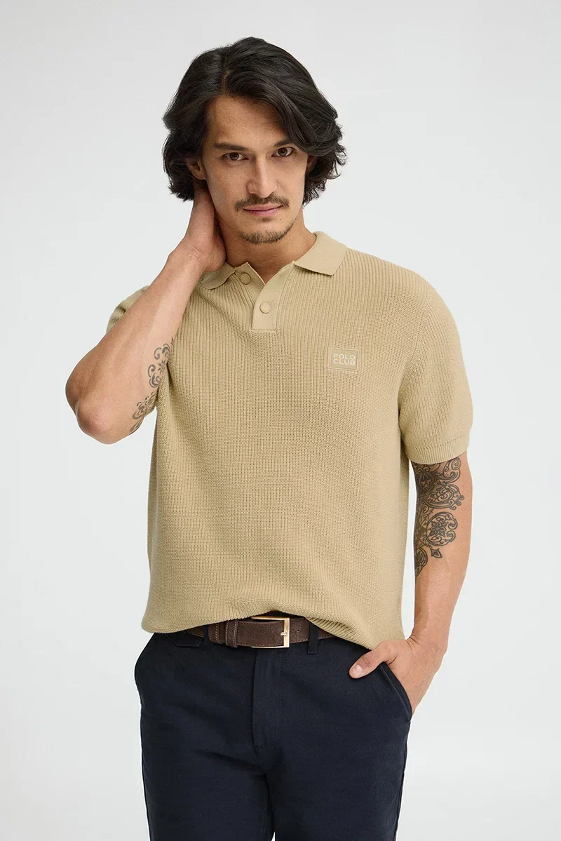 Beige short-sleeve jumper with polo collar and Polo Club patch - Image 2